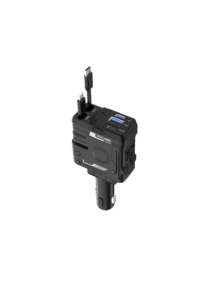porodo 66W Car Charger with Lightning & Type -C Integrated 80m Wires / Voltage Monitor / Universal Compatibility / Simultaneous Charging - Black - Image 1